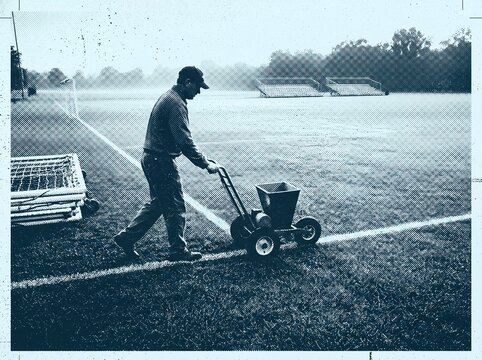 Groundskeeper pushing line marking machine painting white stripe on grass sports field in retro halftone print style with dark blue duotone texture.