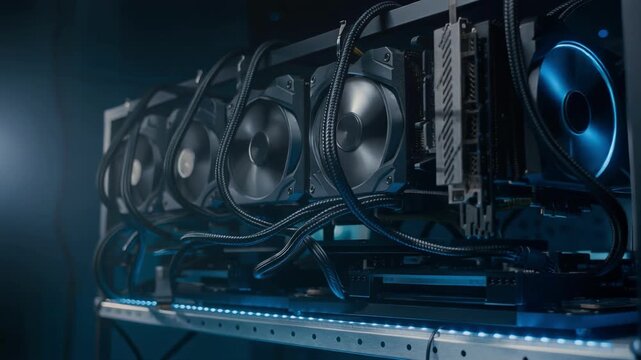 High performance cryptocurrency mining rig with multiple cooling fans and graphic cards in dark room