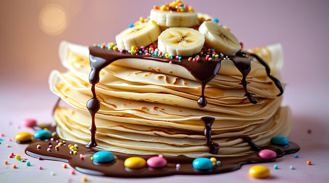 Stack of golden pancakes with whipped cream and chocolate syrup. Fluffy breakfast dessert topped with colorful sprinkles and banana slices.