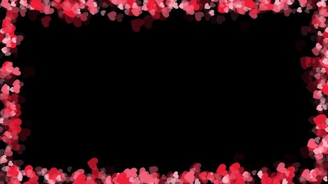 Pink red hearts border background black center space, love shapes, soft romantic frame. Valentine wedding invitations, anniversary greetings, proposal slides, love promos, festive motion overlays.