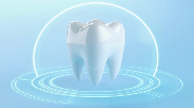 Shiny white healthy tooth with glowing futuristic rings on blue background dental care concept