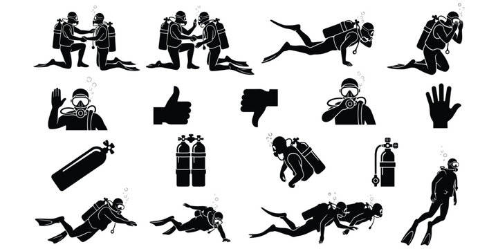 Scuba diving silhouettes collection, divers swimming signaling checking equipment assisting tanks distress safety underwater communication artwork, flat vector illustration