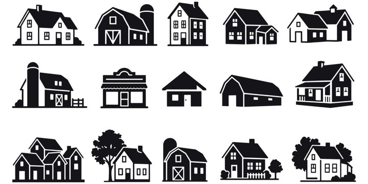 Rural and residential architecture silhouettes, barns with silos, suburban houses, farm buildings, chimneys, porches, diverse roof styles, flat vector illustration