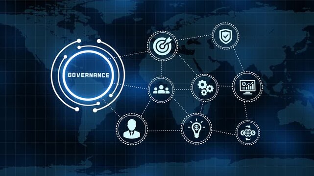 Corporate governance and policy compliance concept with digital network interface and icons on world map background.
