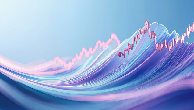 Abstract 3D data wave with glowing stock market candlestick chart, blue and pink gradient background for fintech, investment and financial technology concept