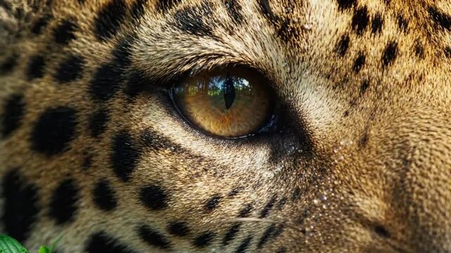 Extreme close up of a jaguar face showing its piercing jaguar eyes, a detailed portrait of the wild cat