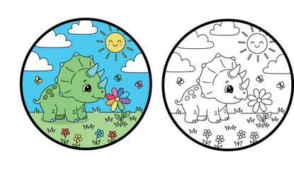 Cute cartoon vector illustration of a happy green baby triceratops dinosaur in a sunny meadow © Dewan