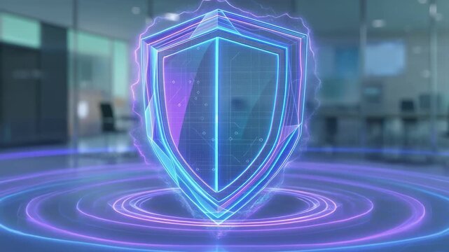 Futuristic digital shield with glowing neon lights protecting data in modern office environment