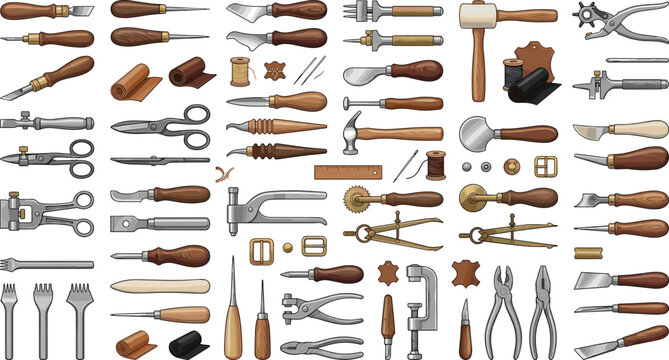 Collection of professional leathercraft tools and leather working equipment vector illustrations featuring skiving knives stitching punches mallets edge bevelers needles pliers and hardware isolated 