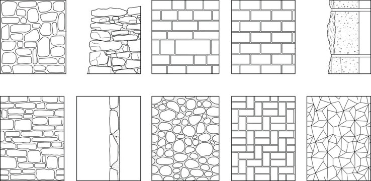 Set of various hand drawn line art stone wall and brick texture patterns outline
