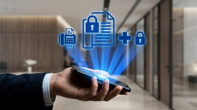 Businessman Holding Smartphone with Secure Digital Document and Printer Icons Representing Advanced Cyber Security and Data Protection in Modern Office