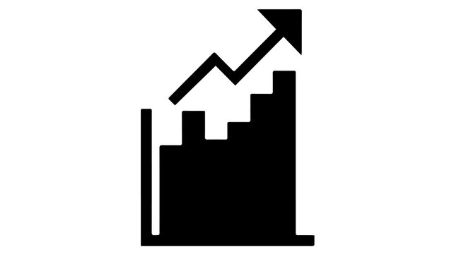A black and white icon depicting a rising graph with steps, symbolizing growth, progress, and upward financial trends in business.