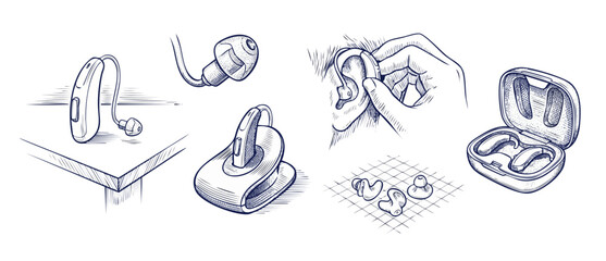 Obraz premium Hearing aid sketch drawings collection showcasing modern auditory assist devices, ear inserts, charging case accessories, and medical ear care concepts depicted in clean hand-drawn line art style set.