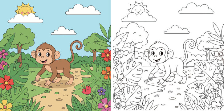 Cute cartoon vector illustration of a happy baby monkey walking on a dirt path through a vibrant