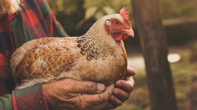 Close-up of a person holding a brown speckled chicken outdoors in natural soft sunlight