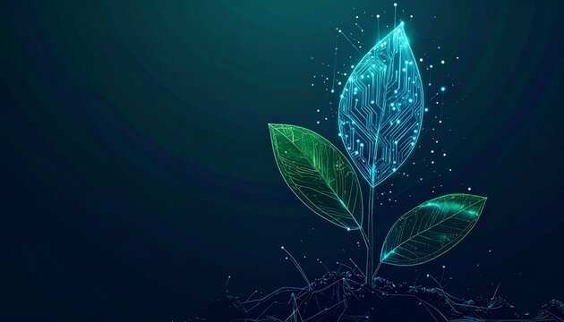 Plant With Glowing Digital Leaf Among Green Leaves.