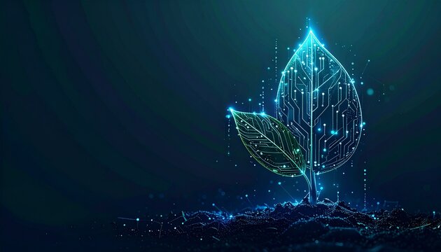Plant With Glowing Digital Leaf Among Green Leaves.