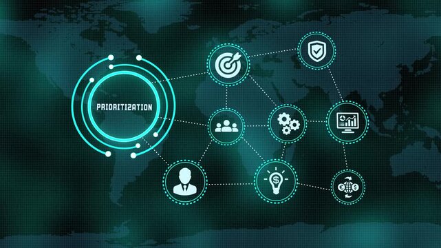 Global business prioritization strategy concept with digital network interface and data icons on world map background.