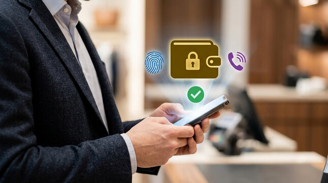Businessman using a secure digital wallet app on his smartphone for contactless mobile payments with fingerprint and data protection icons in a store.