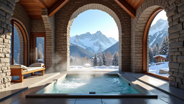 Stone arched spa with steaming hot tub and snow-capped mountain scenery