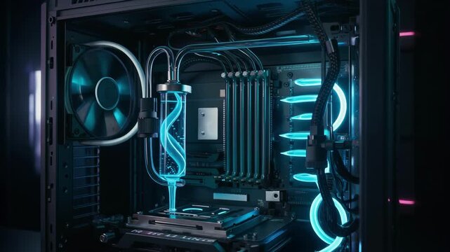 High performance gaming computer with advanced liquid cooling system and glowing blue LED lighting inside sleek PC case
