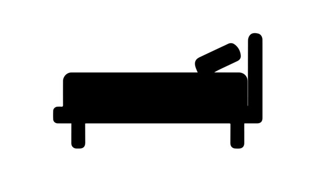 Simple black and white icon of a modern bed with pillows, representing sleep, rest, and comfortable home interior design.