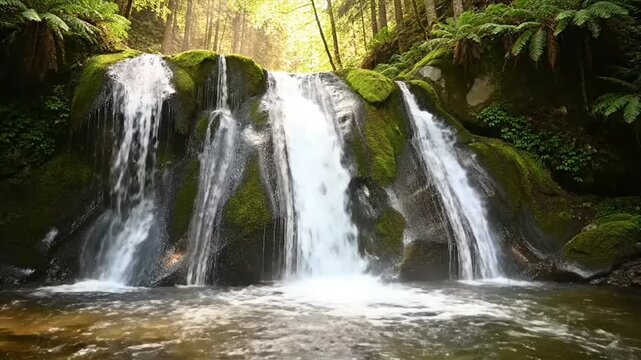 Scenic Forest Waterfall Cascading Over Mossy Rocks in Sunlight
