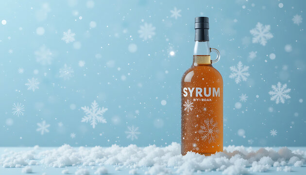 Cold-pressed orange syrup bottle in fresh winter snow. Isolated citrus juice concentrate with frosty ice crystals for beverage branding.