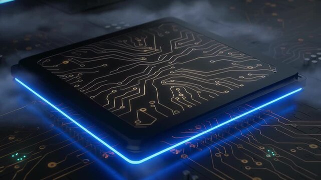 Glowing futuristic microchip with illuminated circuit board design for advanced technology concept