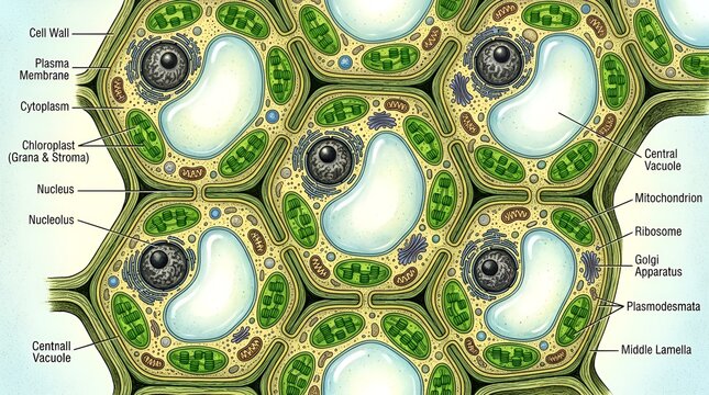 Hexagonal Plant Cell Anatomy with Labeled Organelles
Detailed Cross-Section of Plant Cell Structures
Plant Cell Diagram: Nucleus to Golgi Apparatus