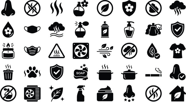 Clean vector illustration of icons set representing household odor control air freshener spray mask cleaning sanitary products in minimalist black flat design style for home.
