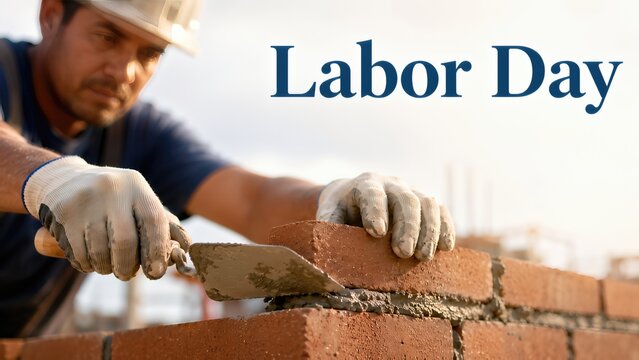 Male construction worker laying bricks with trowel, wearing gloves and hard hat, Labor Day theme with text overlay in the background