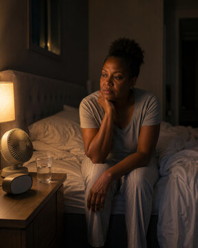 Tired midlife Black woman sitting awake on the bed at night beside a fan and glass of water, illustrating menopause insomnia, night sweats, and sleep disruption.