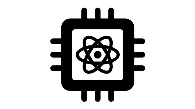 Modern microchip icon featuring a central atom symbol, representing advanced technology, innovation, and scientific computing power.