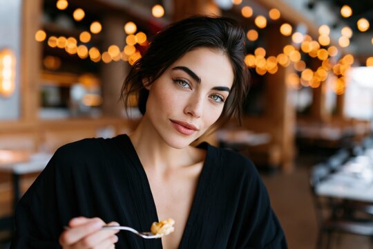 Poised woman dining in a restaurant portrait with warm bokeh lighting for editorial and menu background use