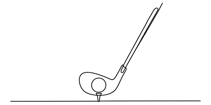 Continuous single line drawing of a golf club hitting a golf ball on a tee during a professional sport match game