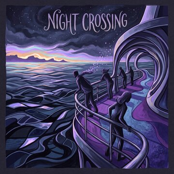 Night Crossing painted poster with people walking on winding bridge with railings over dark stylized sea toward glowing horizon under starry sky.