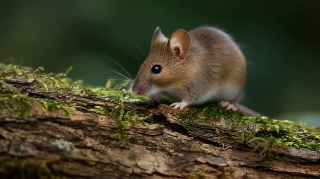 Close up of a small wild mouse on mossy tree bark in natural forest environment with blurred background