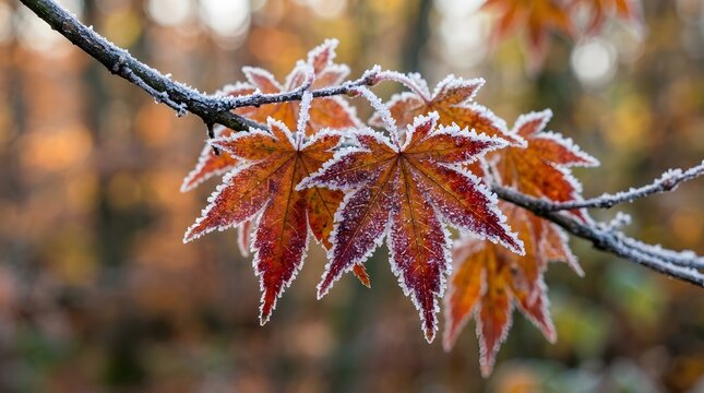 first frost, frost on leaves, autumn leaves, frost crystals, icy leaf, frost covered branch, late autumn frost, macro frost, close-up macro, shallow DOF, natural light, macro photography, fine frost d