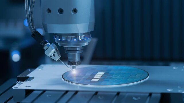 Close up of high precision laser cutting on silicon wafer in advanced technology manufacturing process