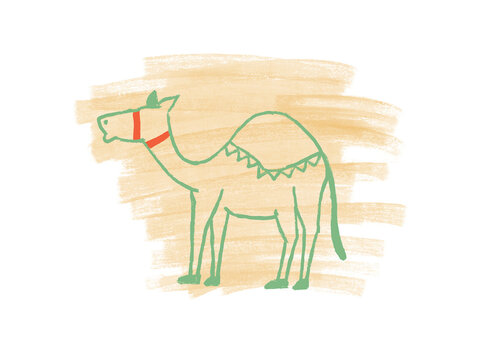 Camel doodle illustration with green line art profile and textured watercolor brush stroke background