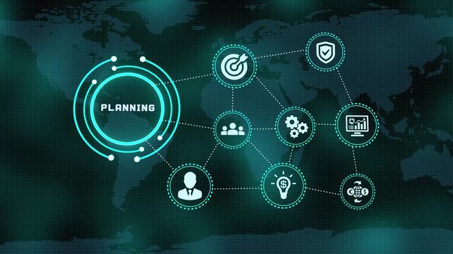 Concept of business planning concept with digital icons over world map background for corporate success.