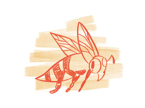 Honey bee doodle illustration with orange line art profile and textured watercolor brush stroke background