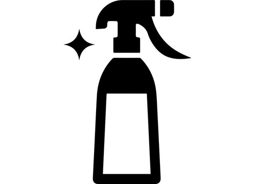 A sleek black spray bottle icon with a sparkling effect, symbolizing cleanliness, hygiene, and effective surface cleaning solutions.