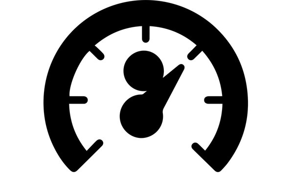 Monochrome speedometer icon displaying high speed, a circular gauge representing velocity and automotive performance metrics clearly