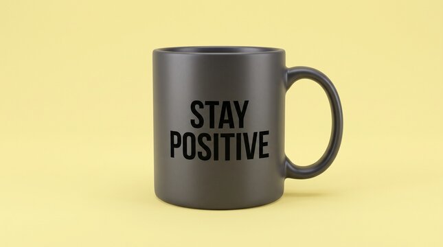 Stay Positive motivational quote on black ceramic mug, minimalist coffee cup with inspirational text, dark matte mug on yellow background