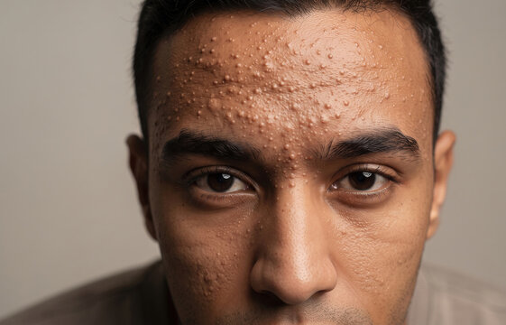 Macro close up of severe acne pimples and closed comedones on forehead of young man, dermatological skin problem.
