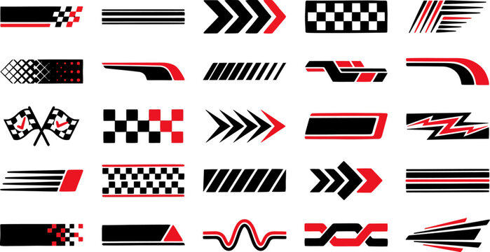 Racing stripes and sports decals set, 25 vector speed graphics for car tuning, checkered flag and arrow stickers for automotive vinyl wrap design