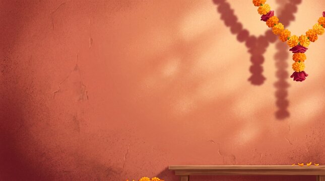 Diwali festive background with marigold flower garland hanging on terracotta wall above wooden shelf with petals and copy space for greeting design.