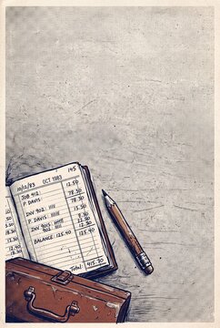 Vintage ledger notebook with handwritten accounts, pencil and leather briefcase in retro etched style on gray textured background with copy space above.